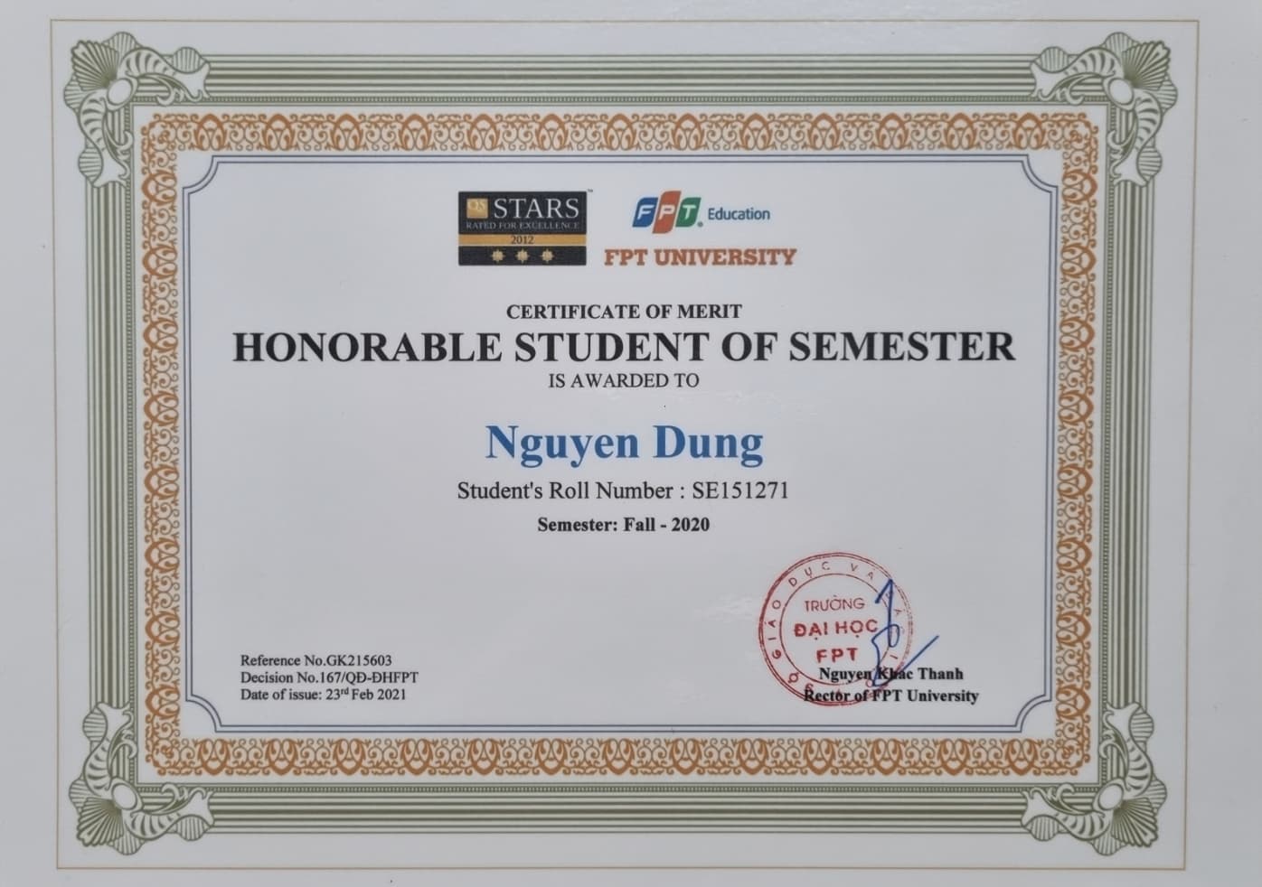 FPT University - Honorable Student of Semester