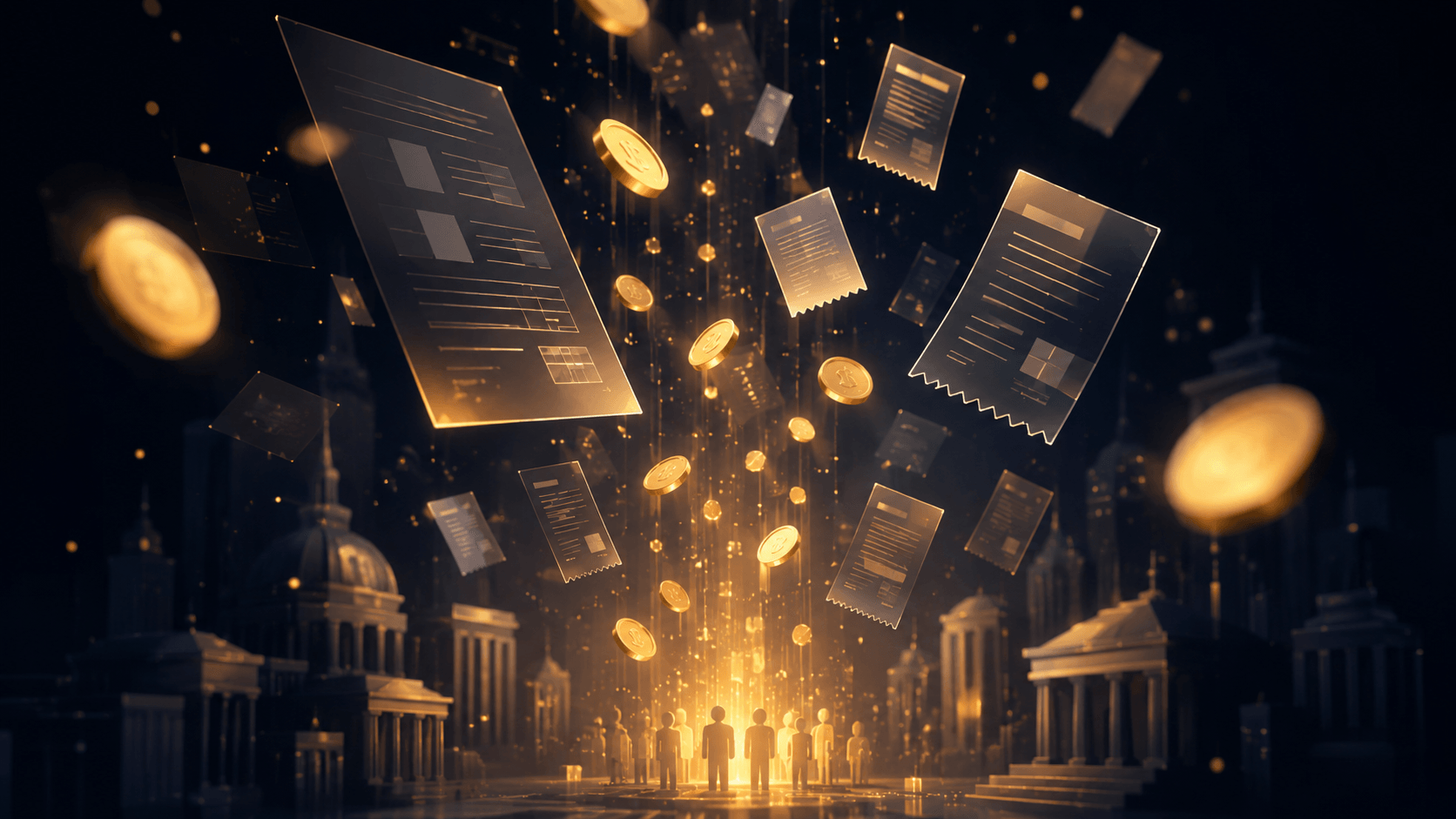 Abstract editorial illustration of digital tax filing and civic donations