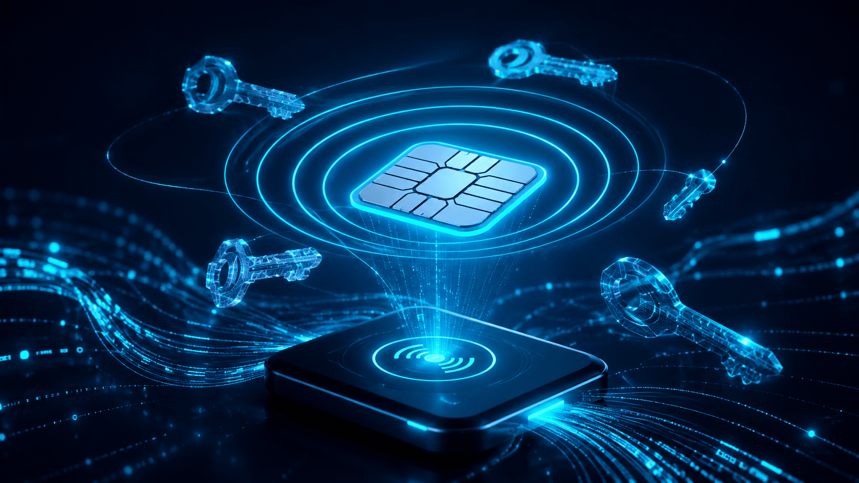 Abstract editorial illustration of secure NFC smart card reading