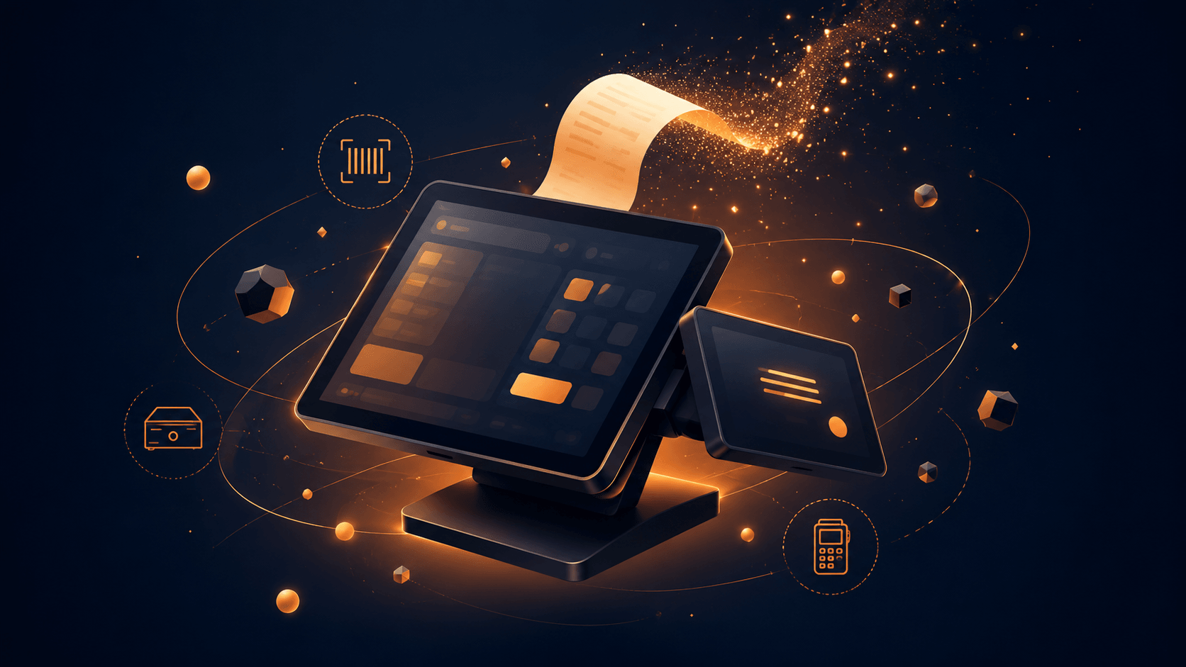Abstract editorial illustration of a restaurant point-of-sale system