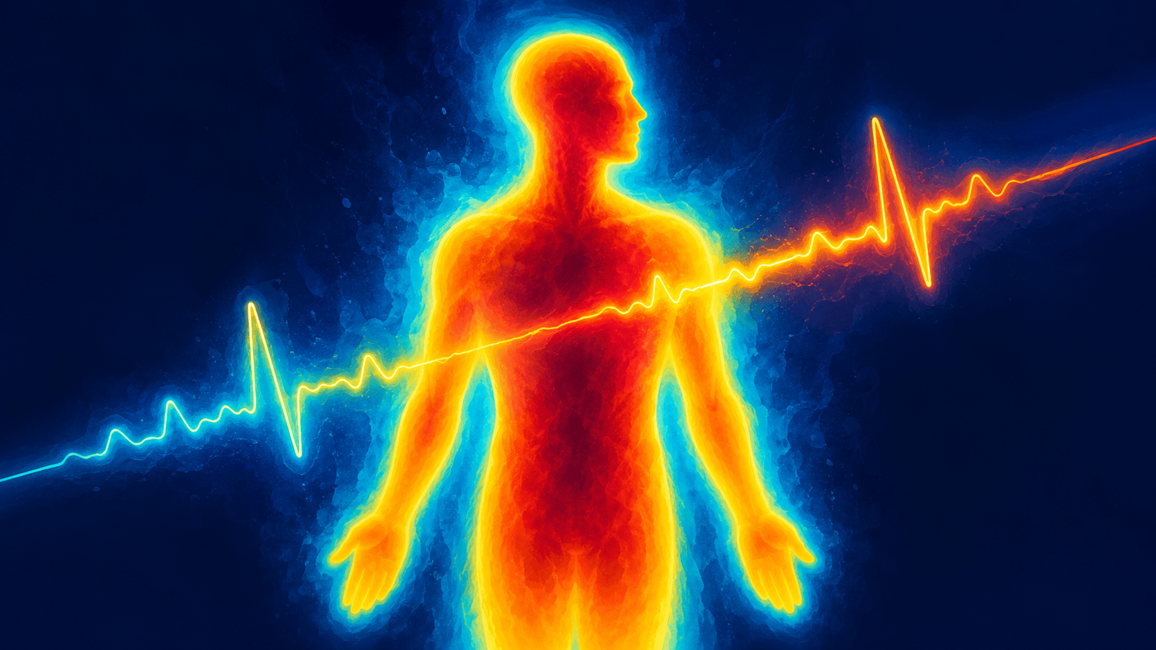 Abstract editorial illustration of medical thermal imaging and vital signs monitoring